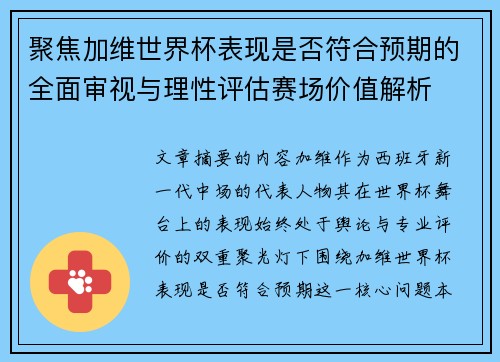聚焦加维世界杯表现是否符合预期的全面审视与理性评估赛场价值解析